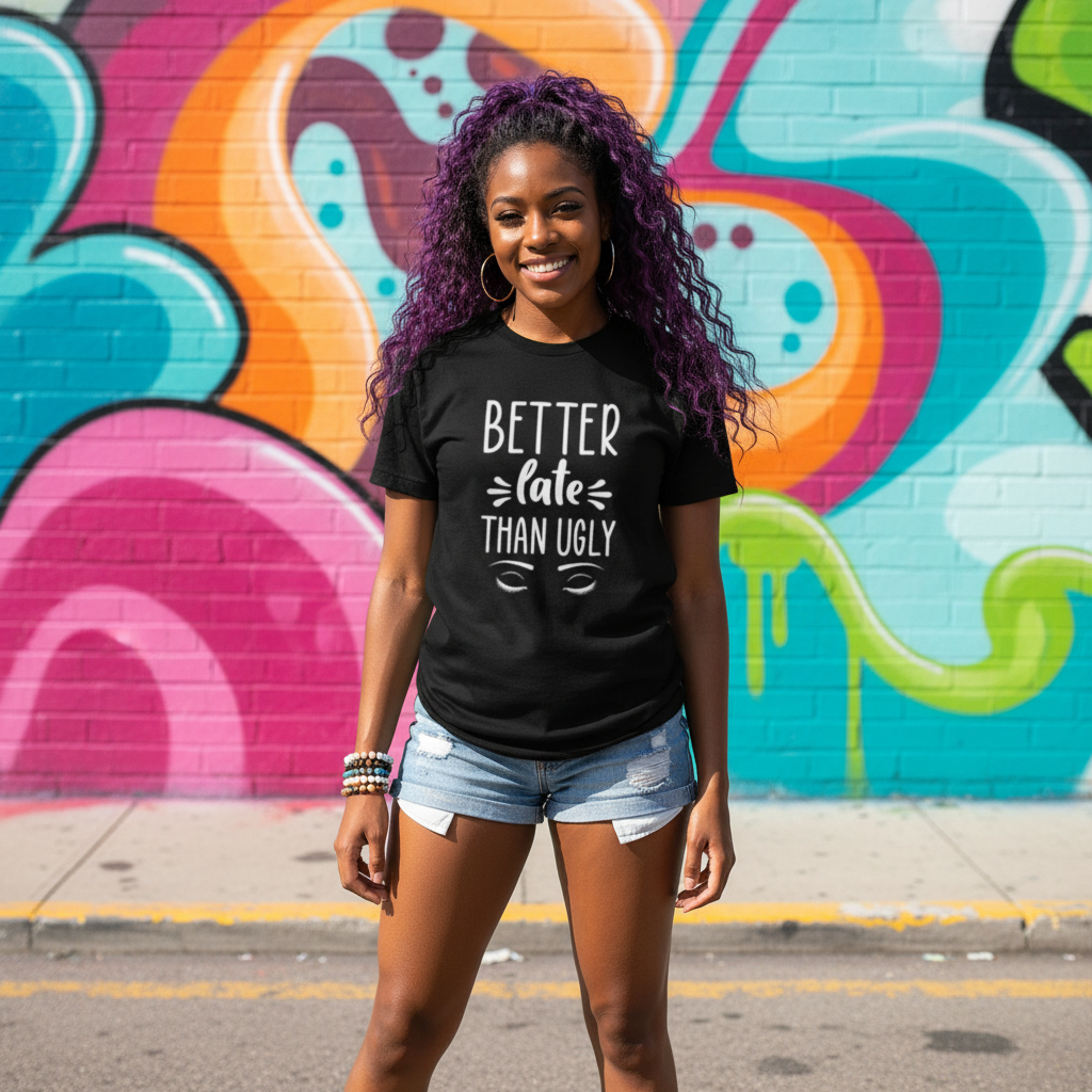 Better Late Than Ugly Unisex T Shirt Graphic Tee With Eyes White Cotton Soft Comfortable Everyday Wear