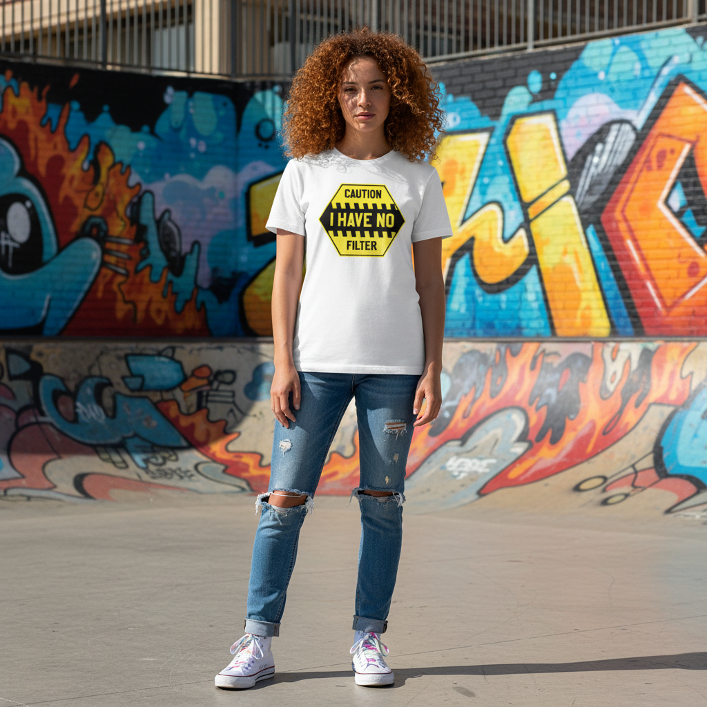 Caution I Have No Filter Graphic T Shirt Unisex Short Sleeve White Cotton Tee Casual