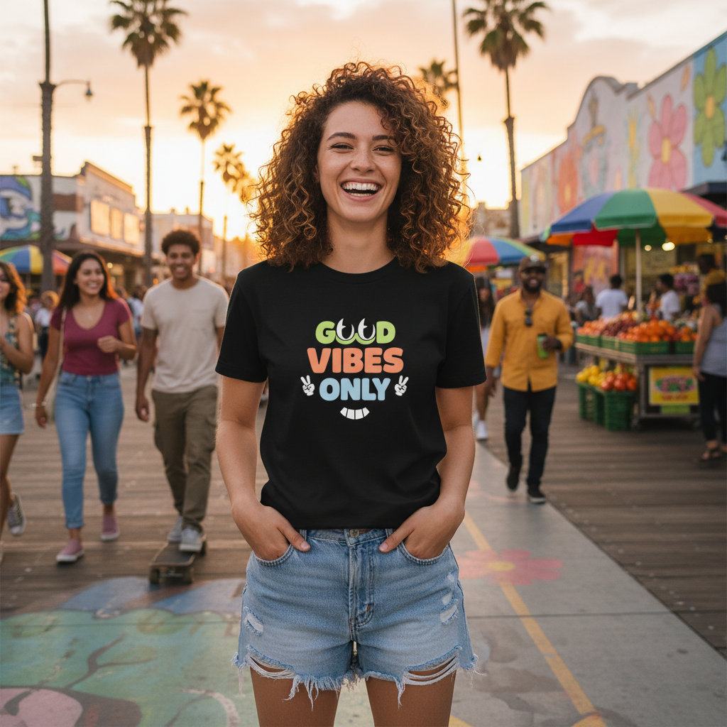 Good Vibes Only Unisex Graphic T Shirt With Colorful Text And Peace Sign Hands Design