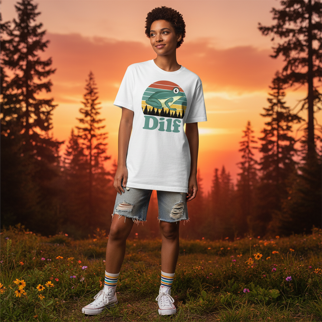 Unisex T Shirt With Frog Illustration Retro Sunset Stripes Forest Silhouette DILF Graphic Design