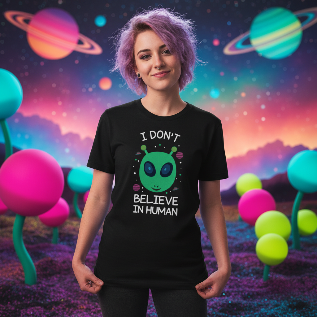 I Don't Believe in Human Alien Graphic T Shirt for Unisex Adults Short Sleeve Casual Tee