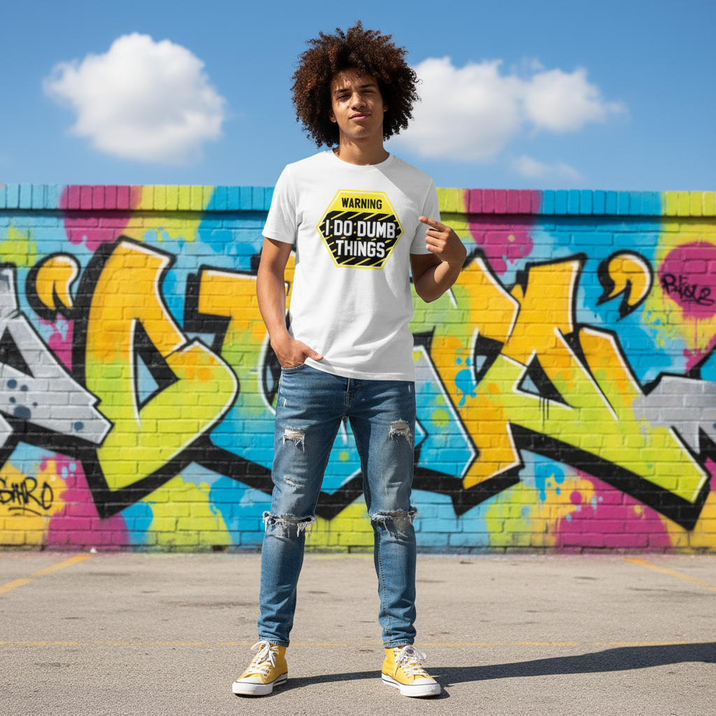 Warning I Do Dumb Things Unisex Graphic T Shirt With Yellow Black Hazard Sign Design