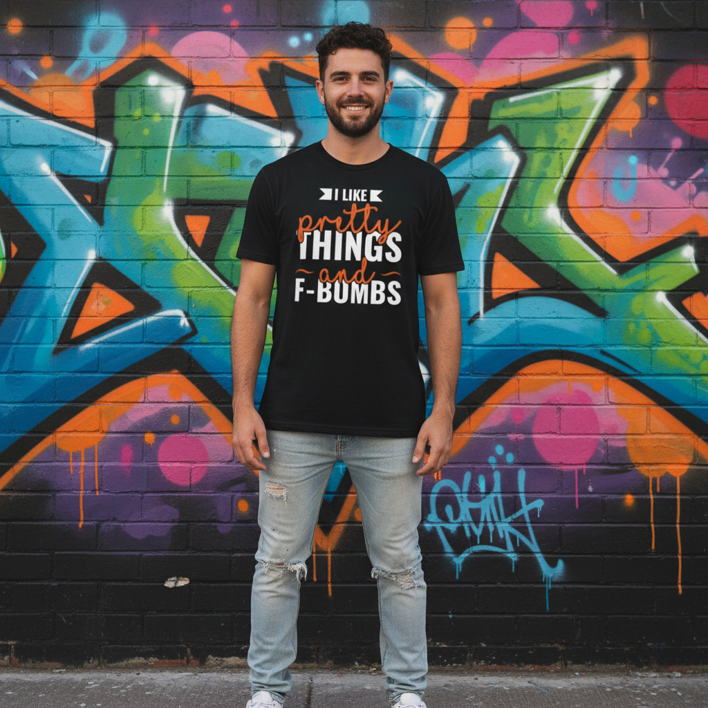Unisex T Shirt Graphic Tee With I Like Pretty Things And F-BUMBS Phrase Premium Cotton Comfort