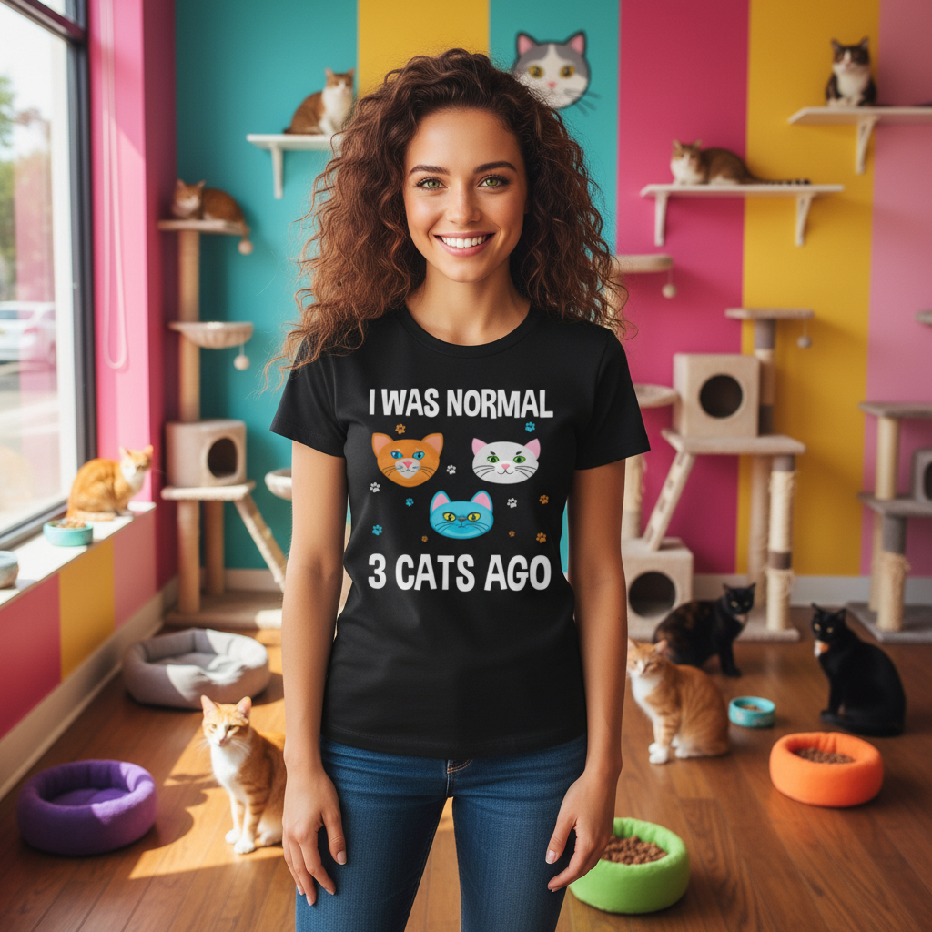 I Was Normal Three Cats Ago Funny Cat Graphic Tee for Unisex Adults White Cotton T Shirt