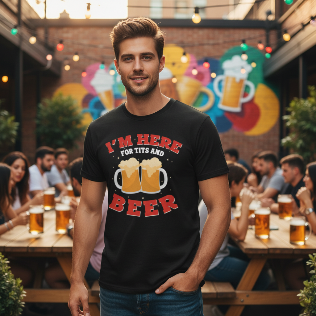I'm Here For Tits And Beer Unisex Graphic Tee With Beer Mug Illustration For Party Or Gift