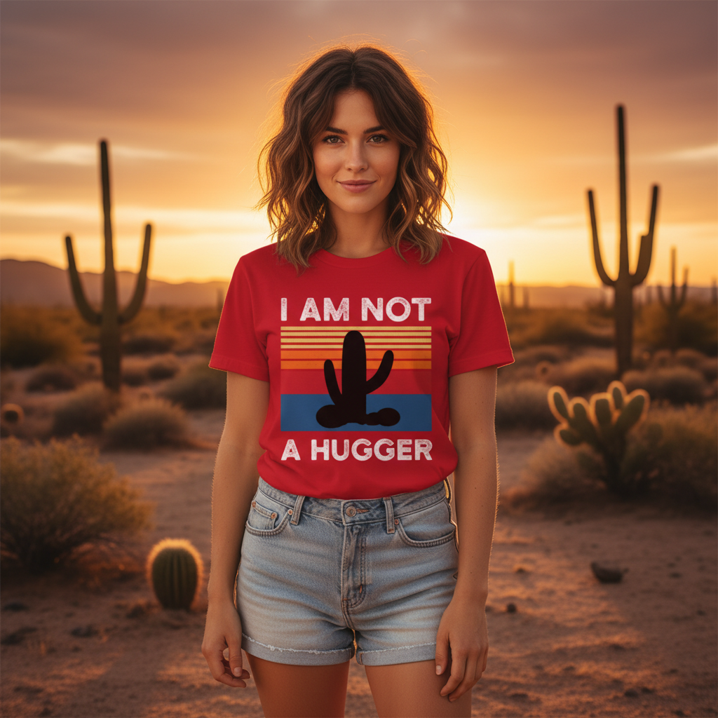 I Am Not A Hugger White T Shirt Unisex Graphic Tee With Cactus Sunset Retro Stripes Design