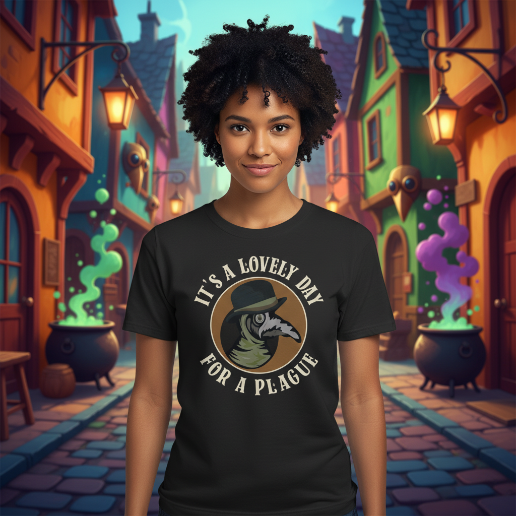 Humorous Plague Doctor Unisex T Shirt Featuring It's A Lovely Day For A Plague Graphic