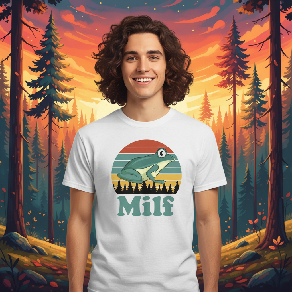 Humorous Frog Graphic T Shirt With Retro Sunset Stripes And Milf Text For Nature Lovers