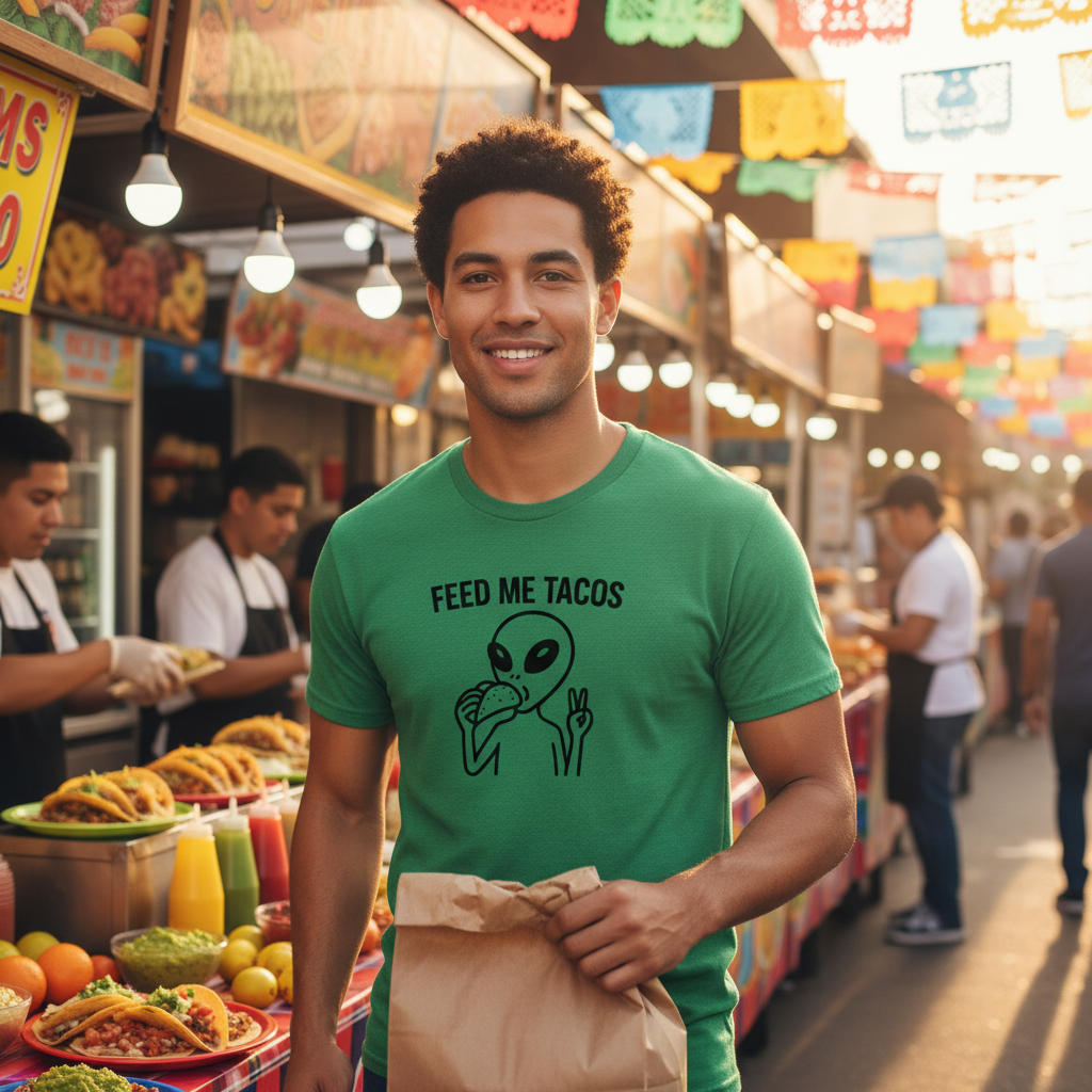 Feed Me Tacos Alien Graphic T Shirt Unisex Tee With Taco Eating Illustration Design