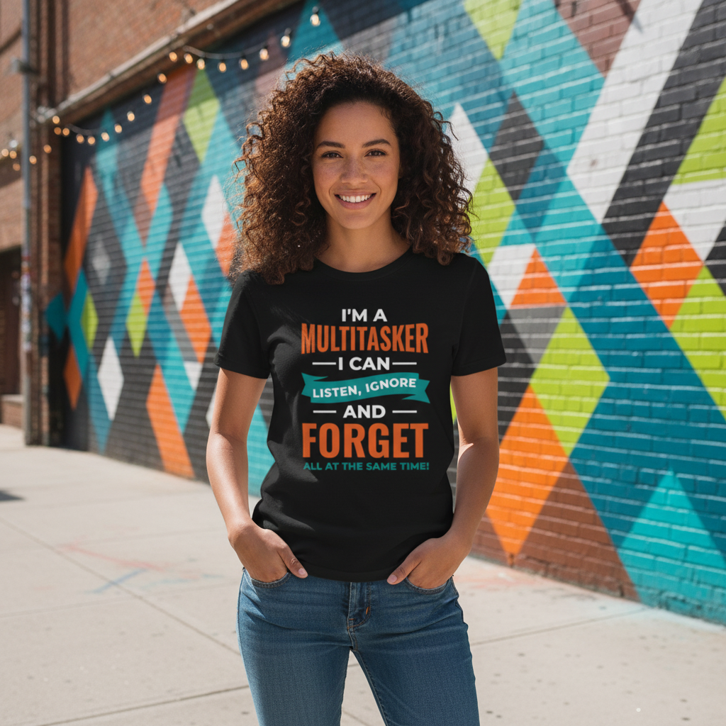Humorous Unisex T Shirt Multitasker Graphic Tee Listen Ignore Forget All At The Same Time