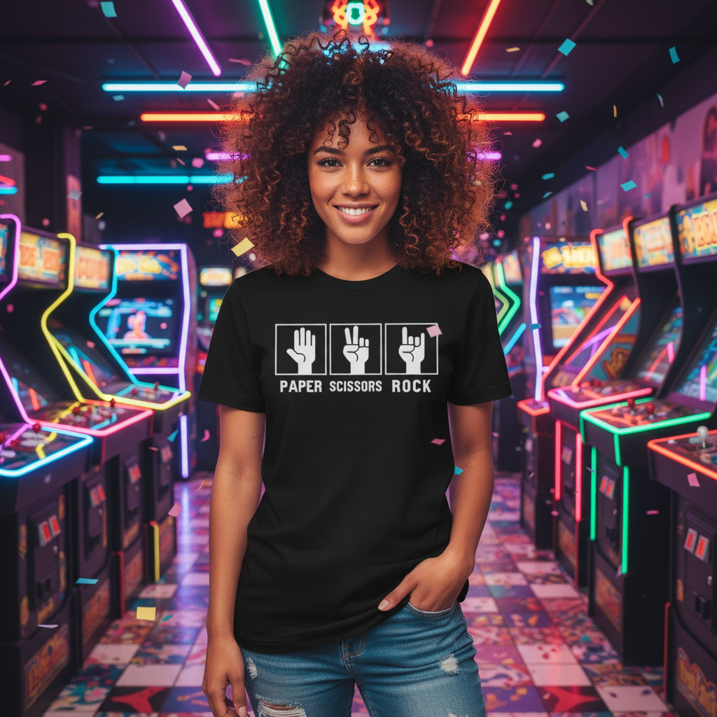 Humorous Graphic T Shirt Unisex Tee With Paper Scissors Rock Hand Sign Icons Soft Cotton Comfort Fit