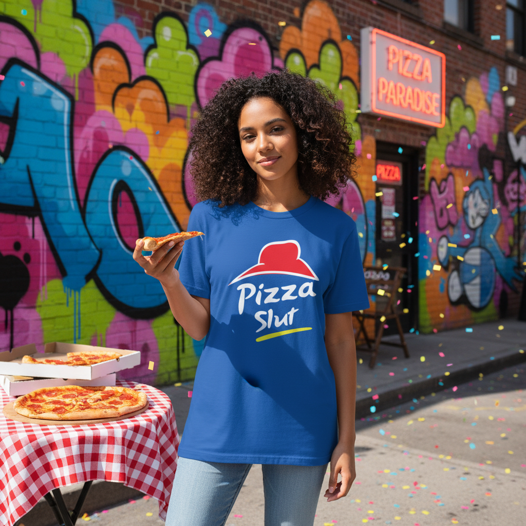 White Unisex Cotton T Shirt With Red Hat Pizza Slut Graphic And Yellow Brushstroke