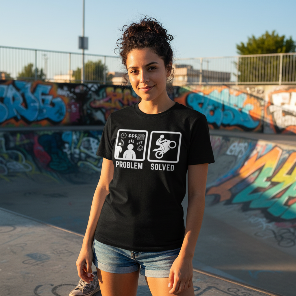 Funny Unisex T Shirt Graphic Tee With Problem Solved Motorcycle Illustration Design