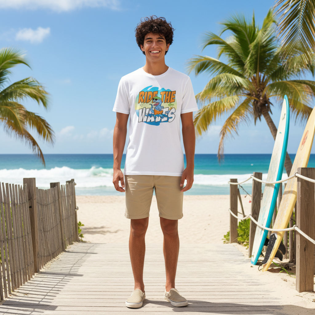 Ride The Waves Dinosaur Surfing T Shirt For Men Women Unisex Graphic Tee Beach Vibe Fun Artwork