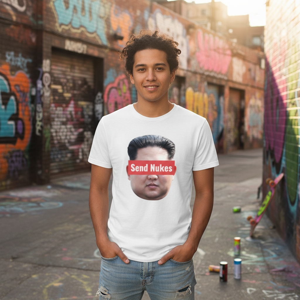Humorous Unisex Graphic Tee With Red Censorship Bar Across Face Displaying Send Nukes