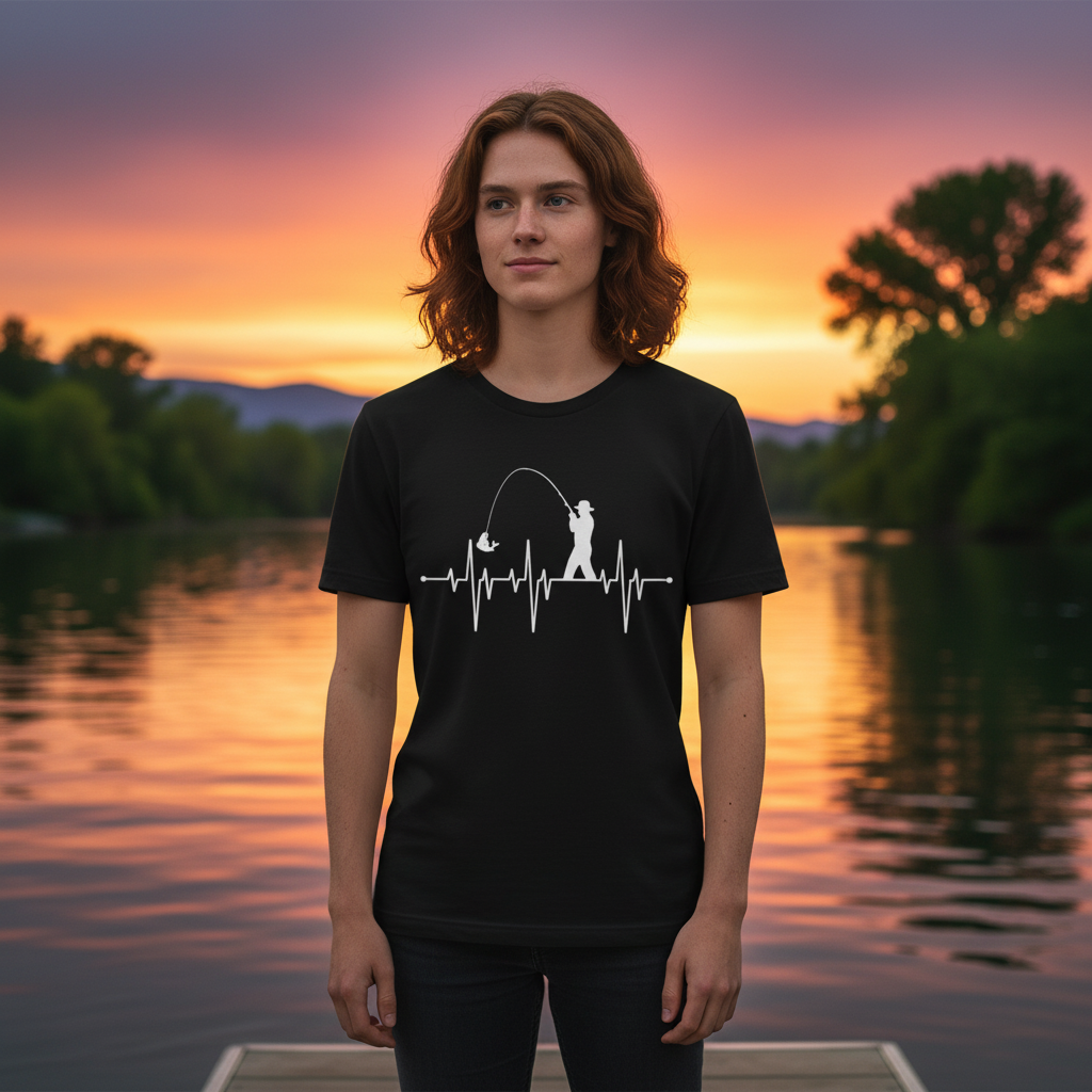 Unisex Fishing Heartbeat T Shirt With Angler Silhouette Casting On Lifeline Graphic