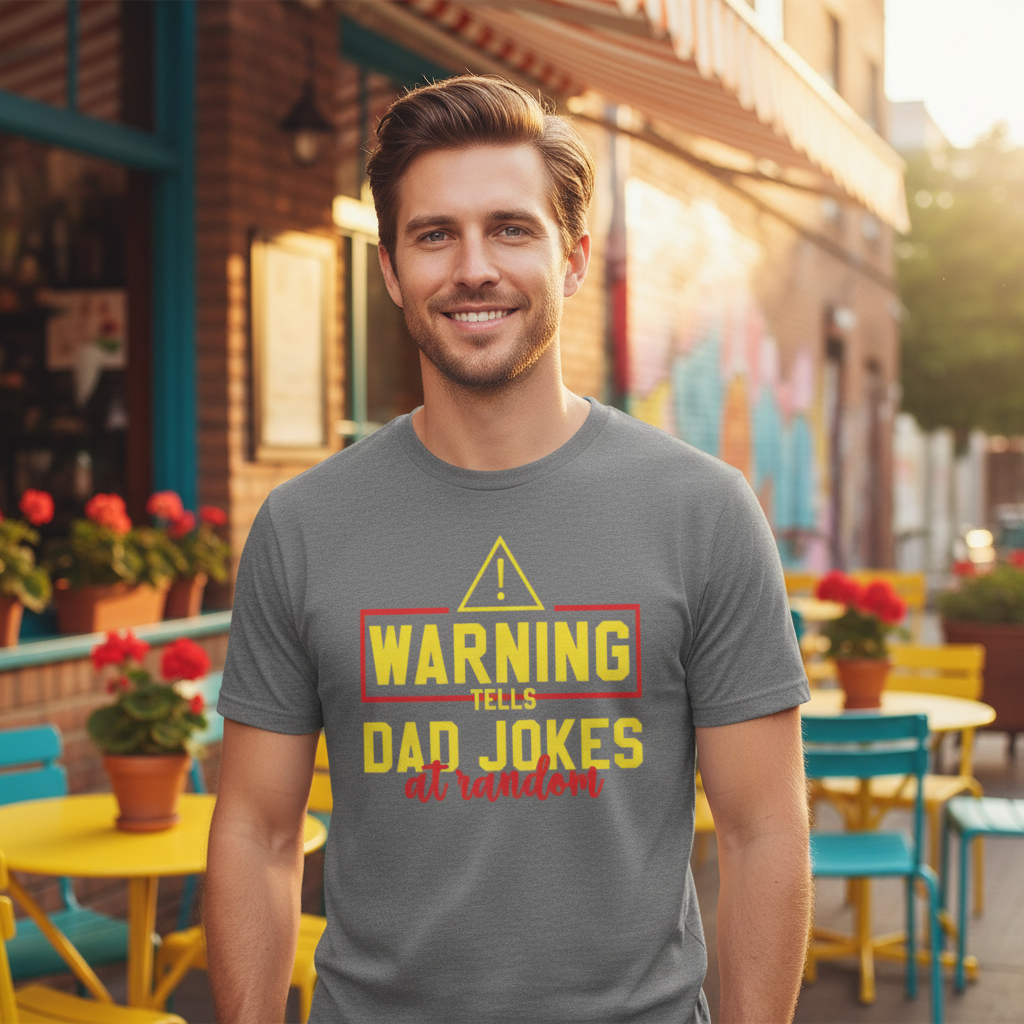 White Short Sleeve T Shirt With Yellow Warning Sign And Bold Text Saying Tells Dad Jokes At Random