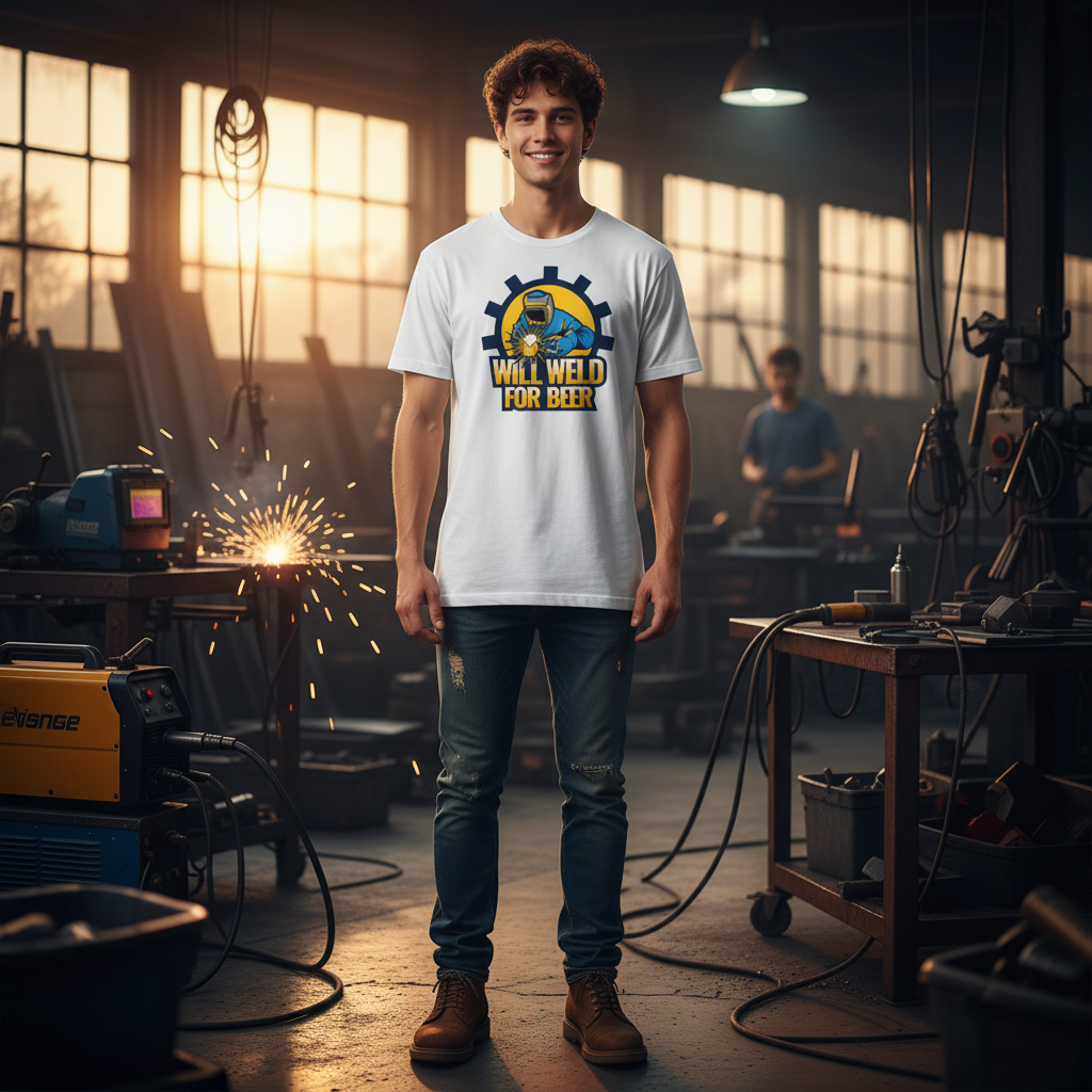 Will Weld For Beer Unisex Welding Graphic T Shirt With Gear Emblem And Bold Text