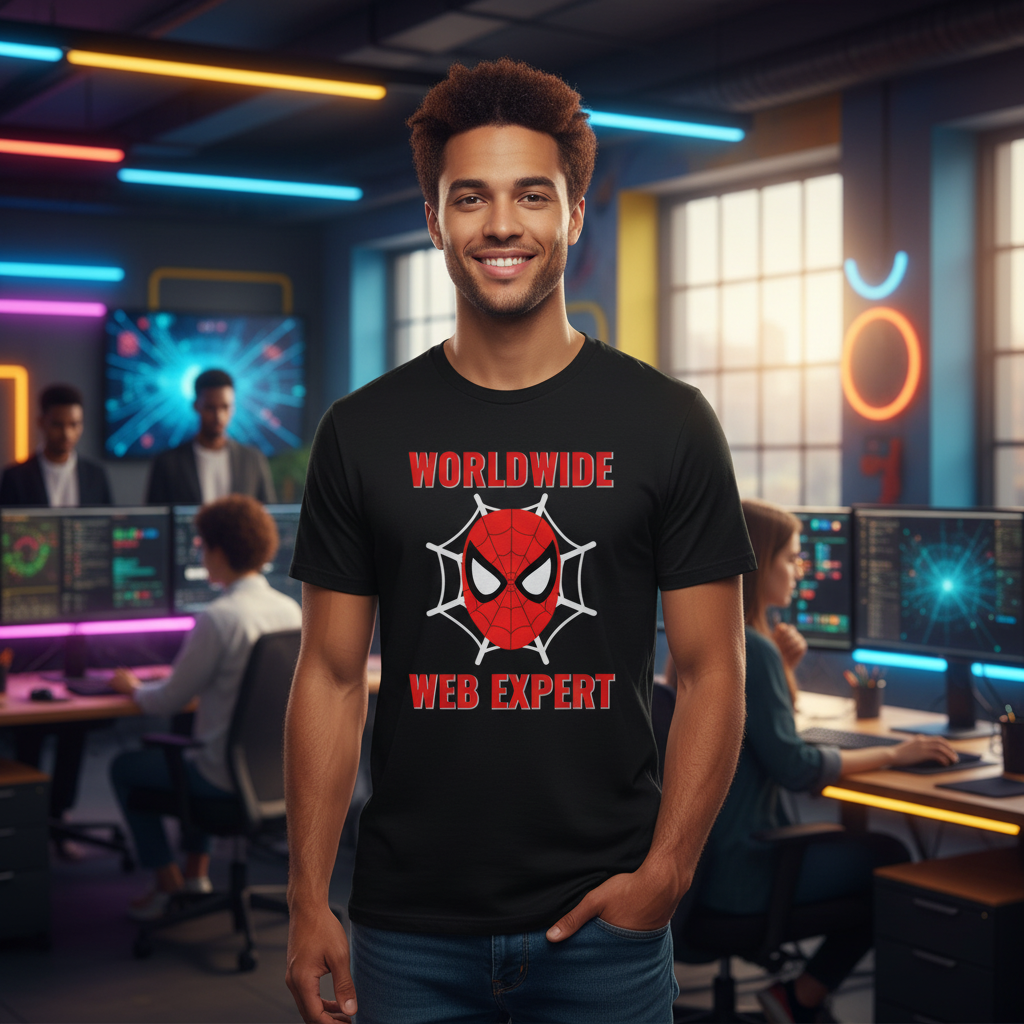 Worldwide Web Expert Unisex T Shirt With Spider Web Graphic And Red Mask Design Artwork