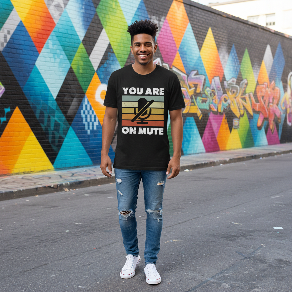 You Are On Mute Graphic Tee With Retro Colored Stripes And Microphone Icon For Unisex