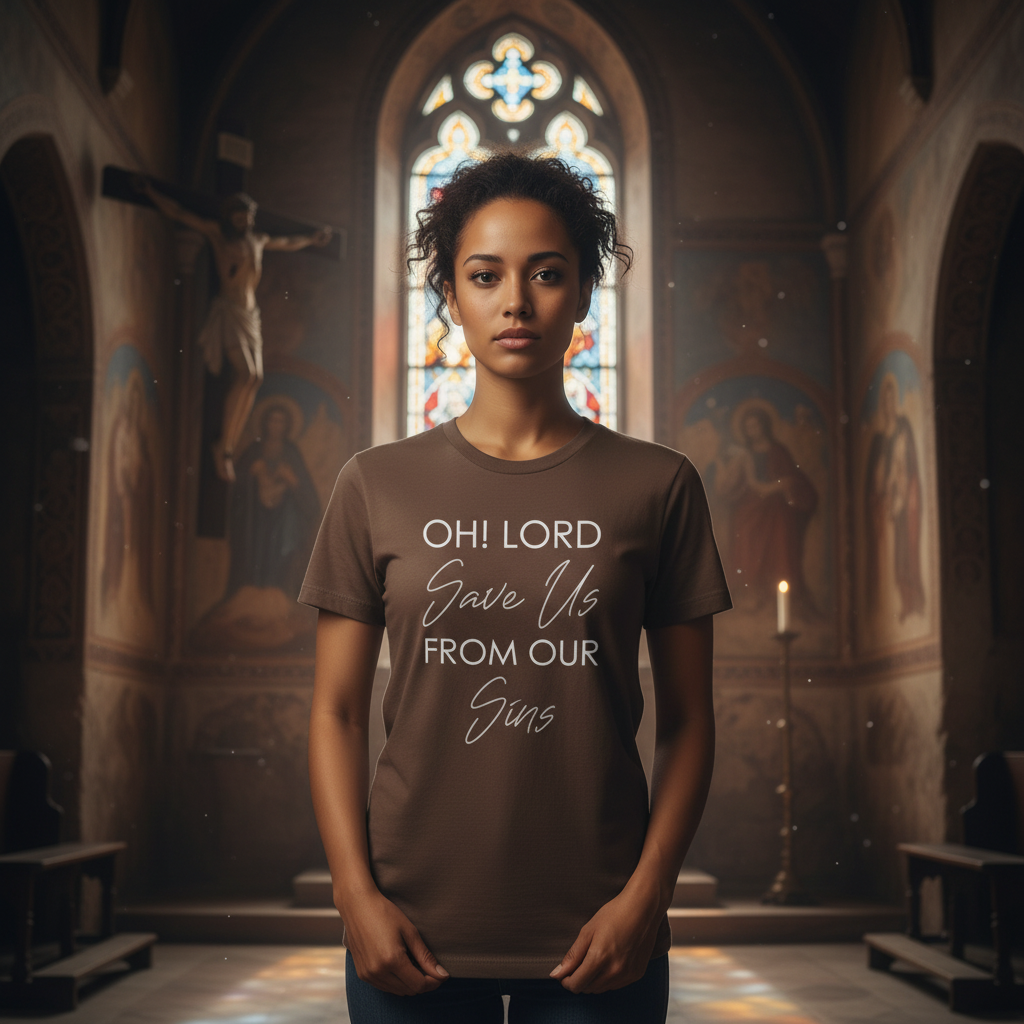 Unisex Christian T Shirt With Oh Lord Save Us From Our Sins Scripture Quote In Mixed Fonts