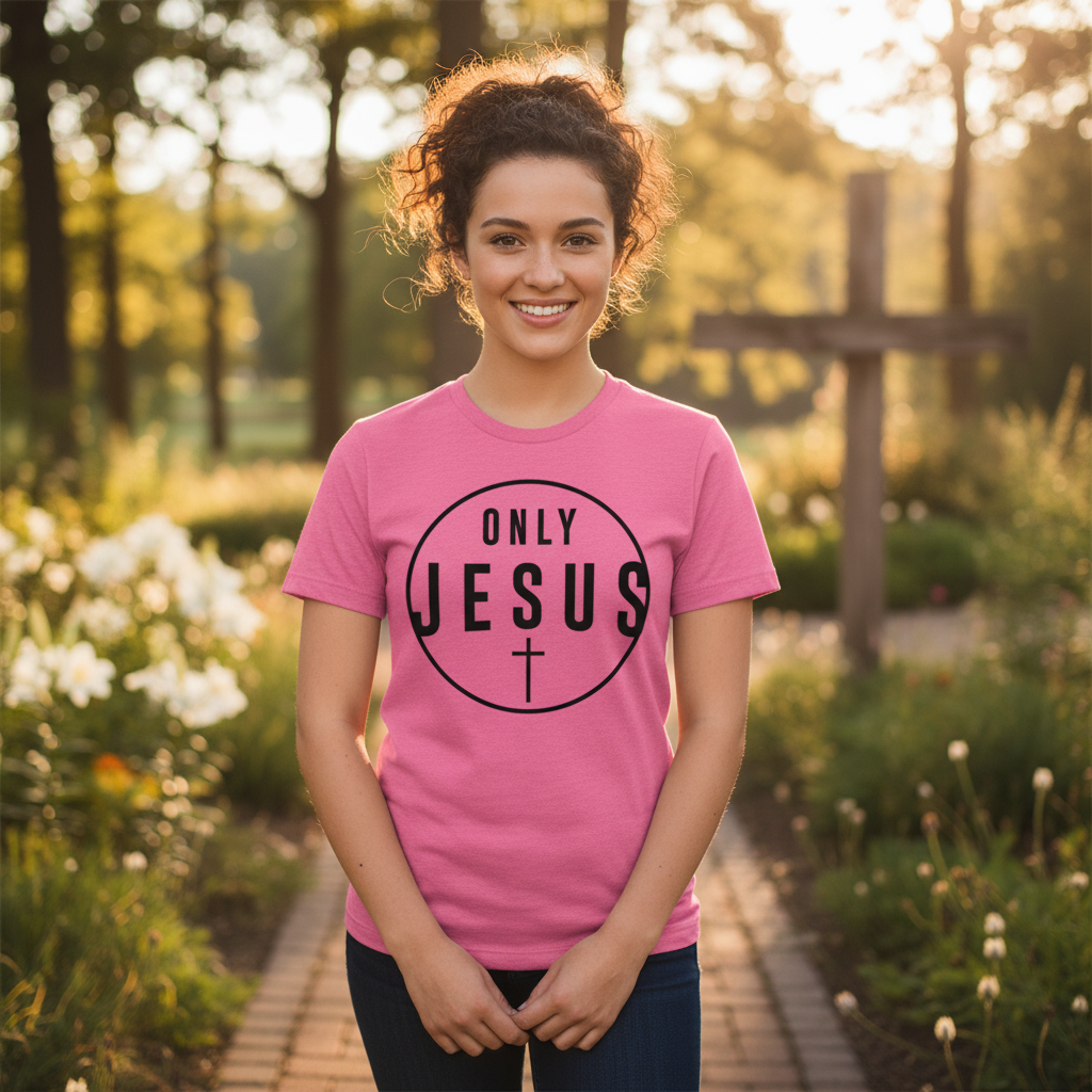Unisex Christian T Shirt Featuring Only Jesus Circle Cross Logo For Faith and Inspiration