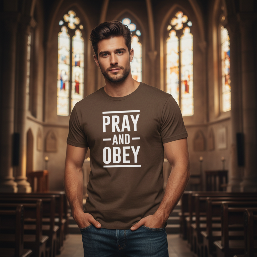 Christian Unisex T Shirt With Pray And Obey Bold Graphic Typography Front Design