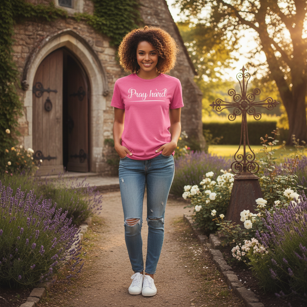 Pray Hard Christian Unisex Graphic T Shirt With Script Font Design, Crew Neck Tee