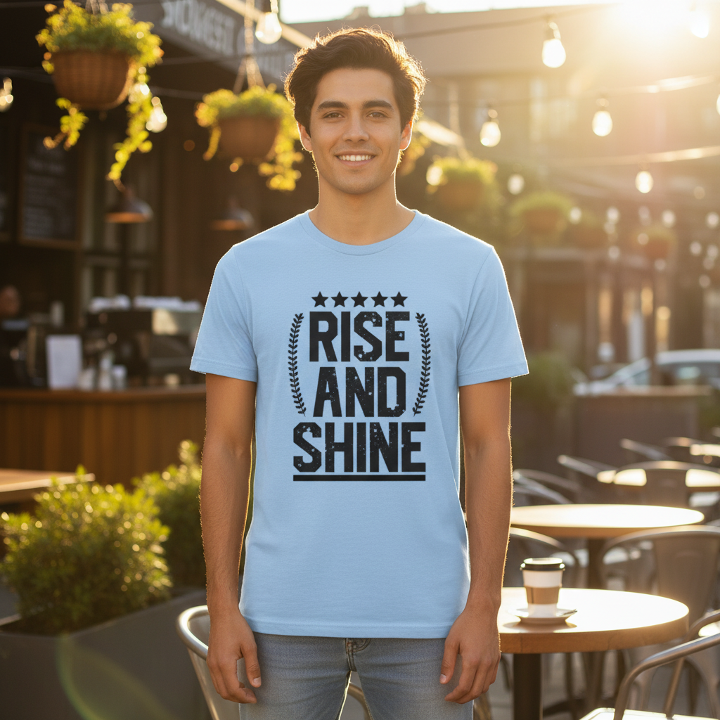 Rise And Shine Graphic T Shirt Unisex Inspirational Tee With Stars And Laurel Emblem