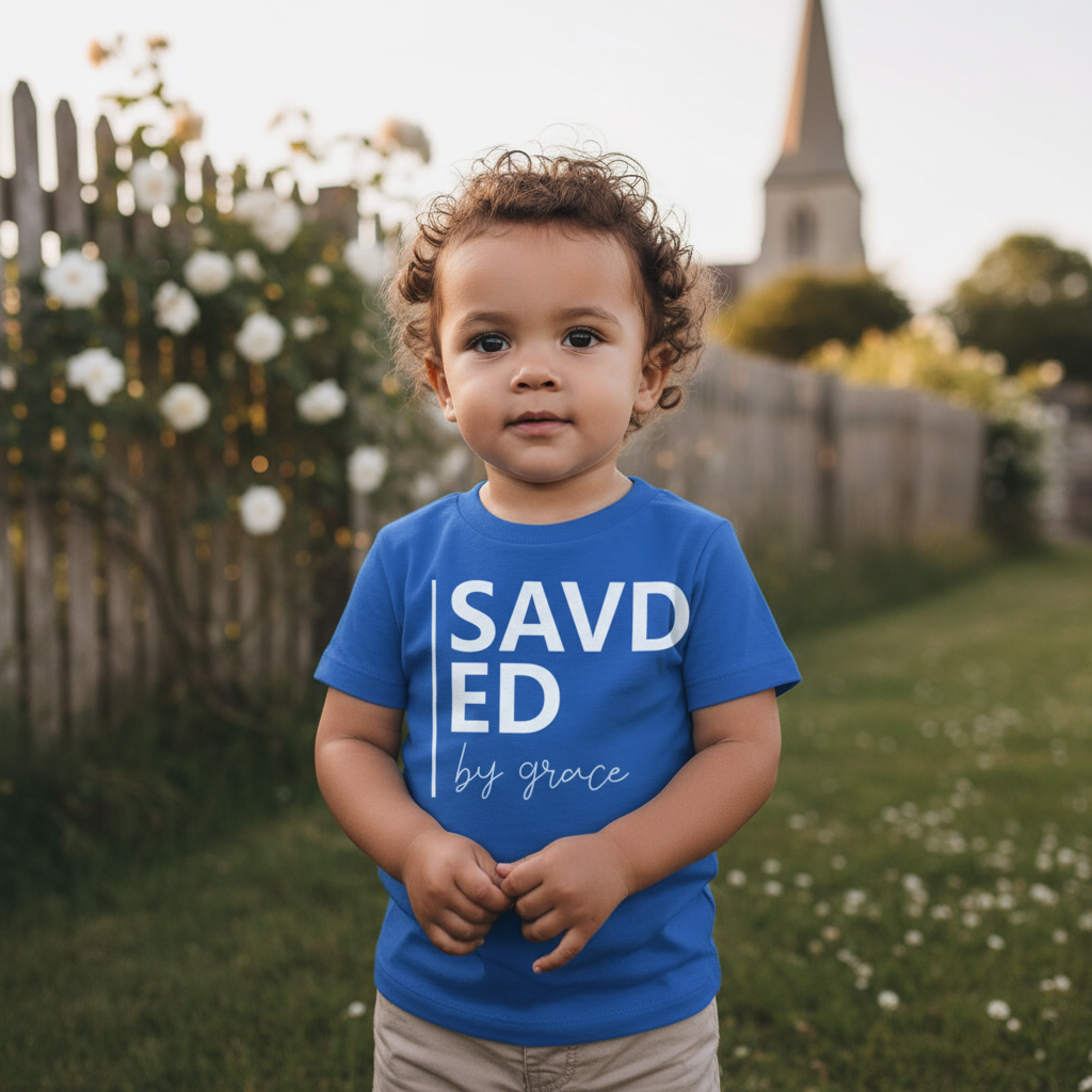 Unisex Christian Graphic T Shirt With Saved By Grace Typography And Modern Vertical Accent