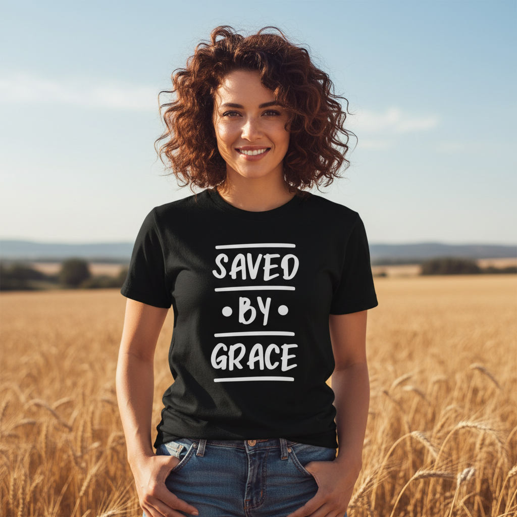 Unisex Christian T Shirt Short Sleeve Crew Neck With Saved By Grace Graphic Print