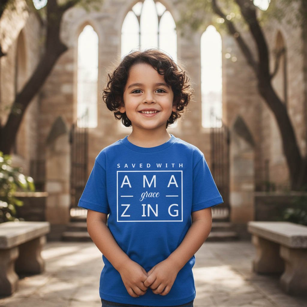 Unisex Christian T Shirt Featuring Saved With Amazing Grace Square Graphic Design For Everyday Wear