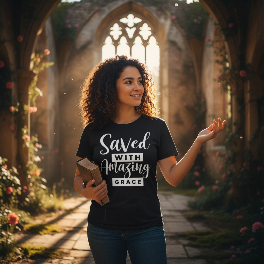 Saved With Amazing Grace Christian Unisex T Shirt Graphic Tee With Inspirational Scripture