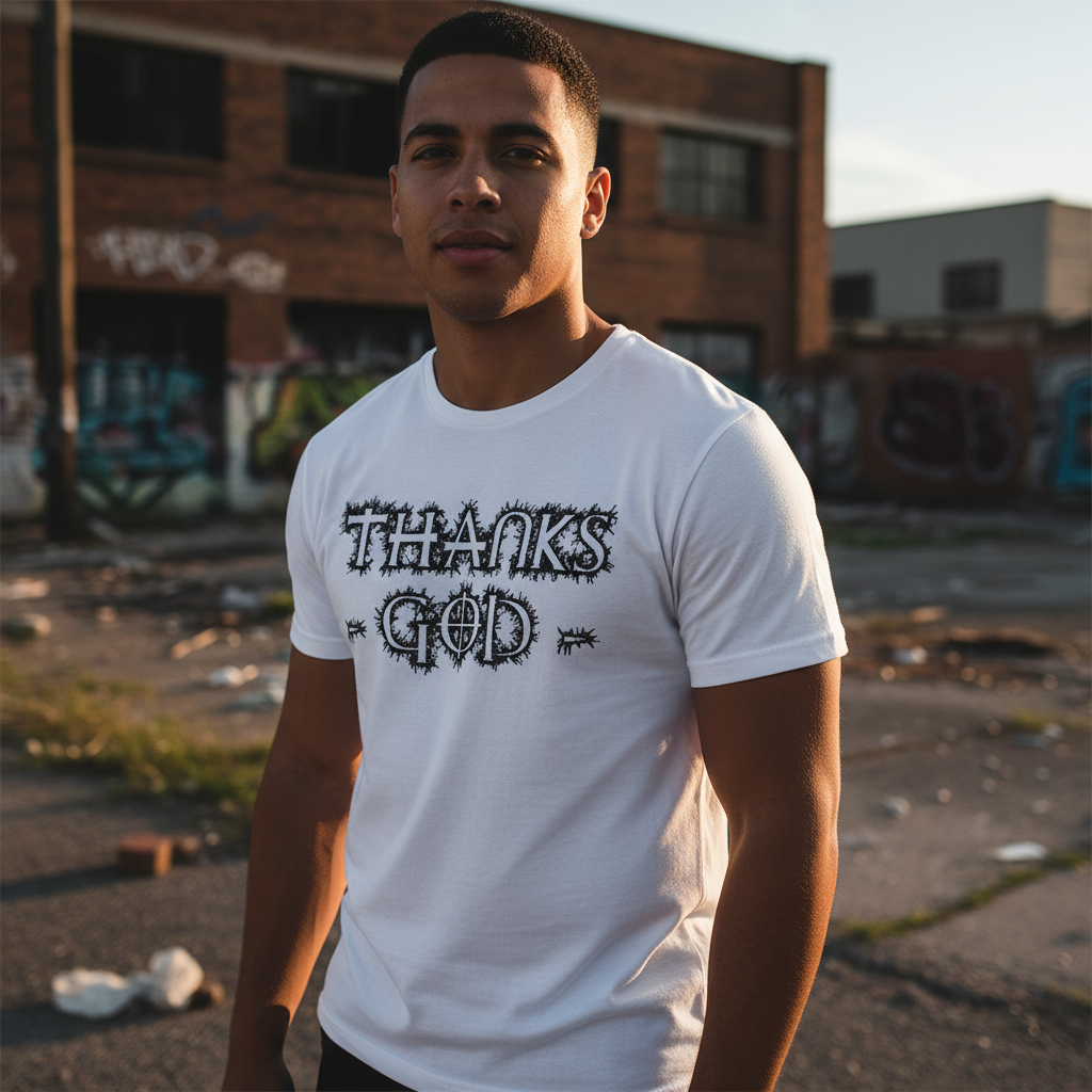 Christian Unisex Graphic Tee With Thank God Design And Thorny Lettering