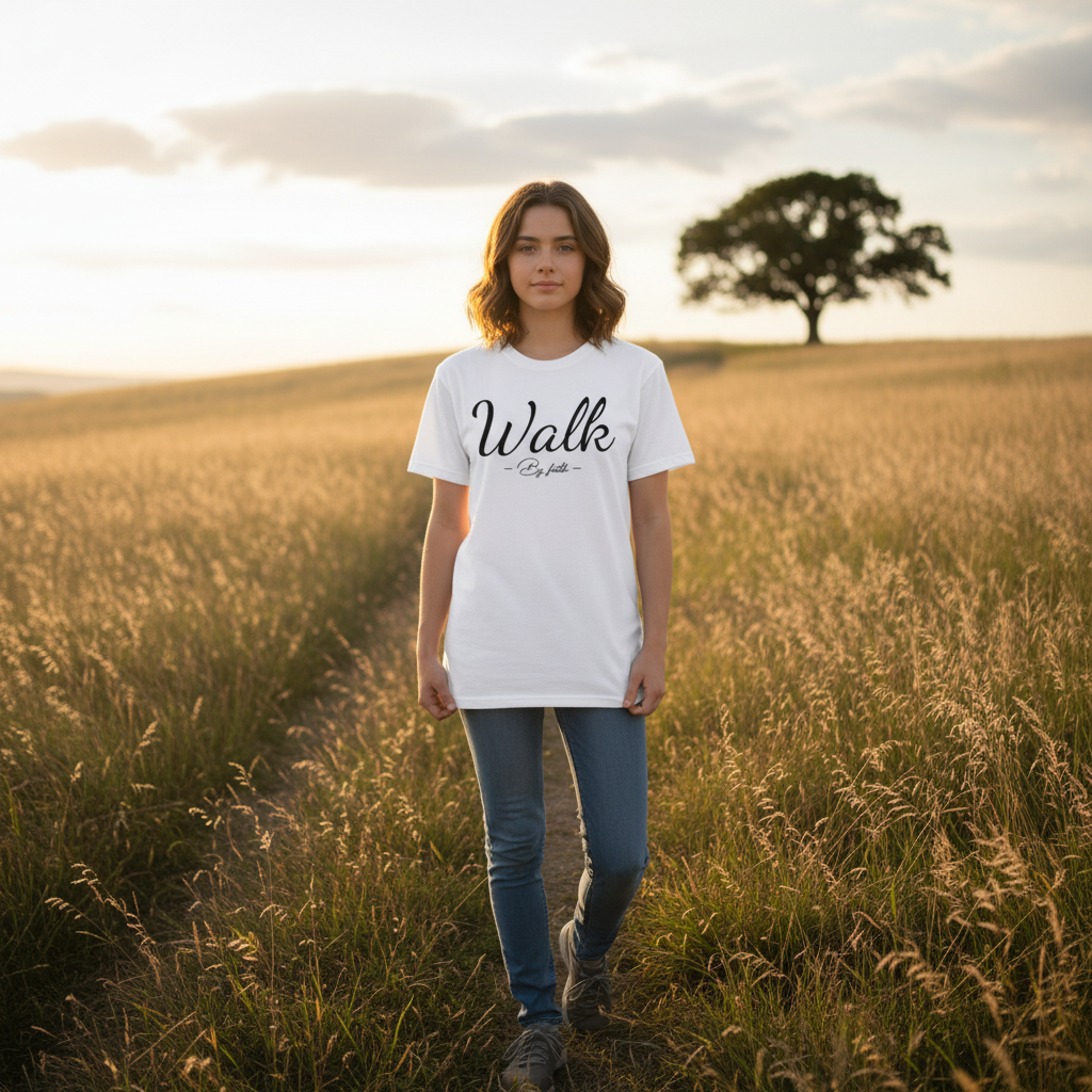 Walk By Faith Unisex Christian Tee Featuring Elegant Script Typography And Inspirational Message