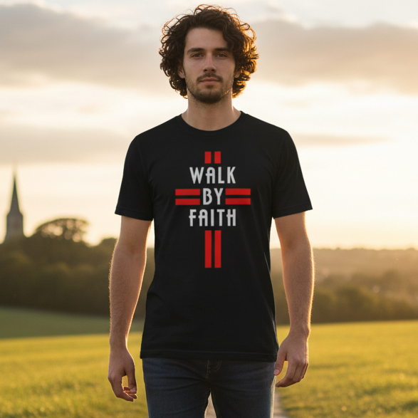 Christian Walk By Faith Unisex Graphic Tee Shirt With Red Symbol Artwork For Daily Wear
