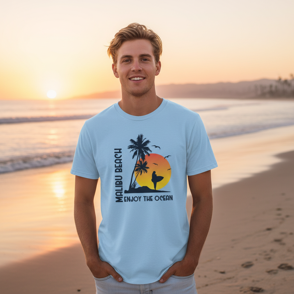 Malibu Beach Sunset Surfing Graphic Unisex T Shirt With Palm Trees And Surfer Silhouette