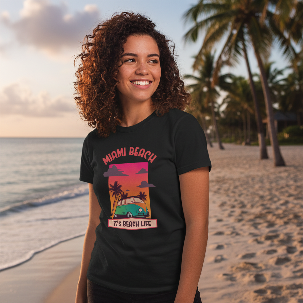 Miami Beach Retro Sunset Graphic T Shirt With Palm Trees And Classic Van Illustration