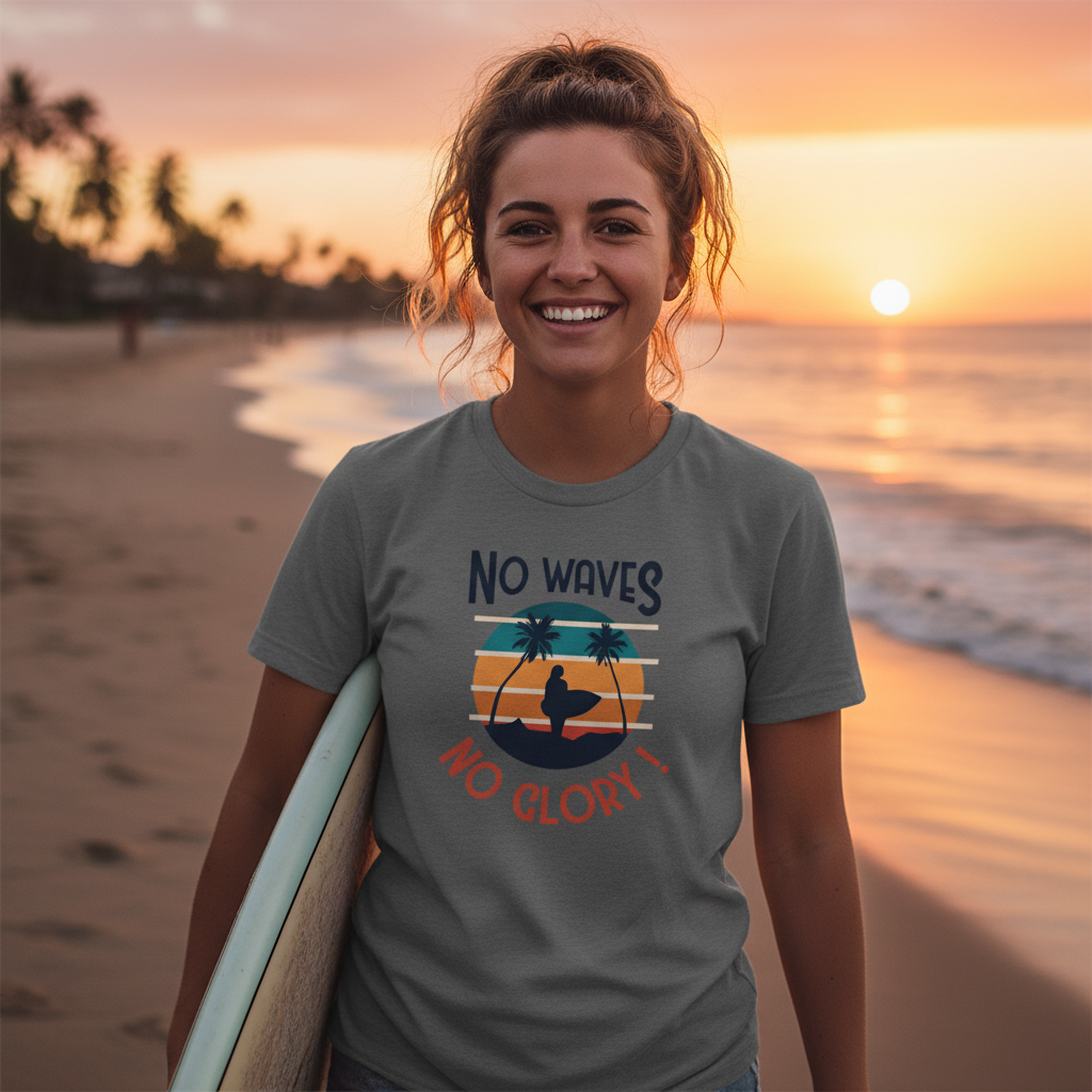 No Waves No Glory Surfing Graphic Unisex Tee For Men And Women With Sunset Palm Tree Design