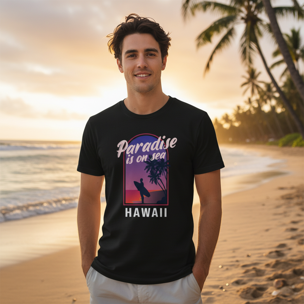 Unisex Hawaii Surfing Graphic T Shirt With Paradise Is On Sea Design Retro Sunset Palm Trees