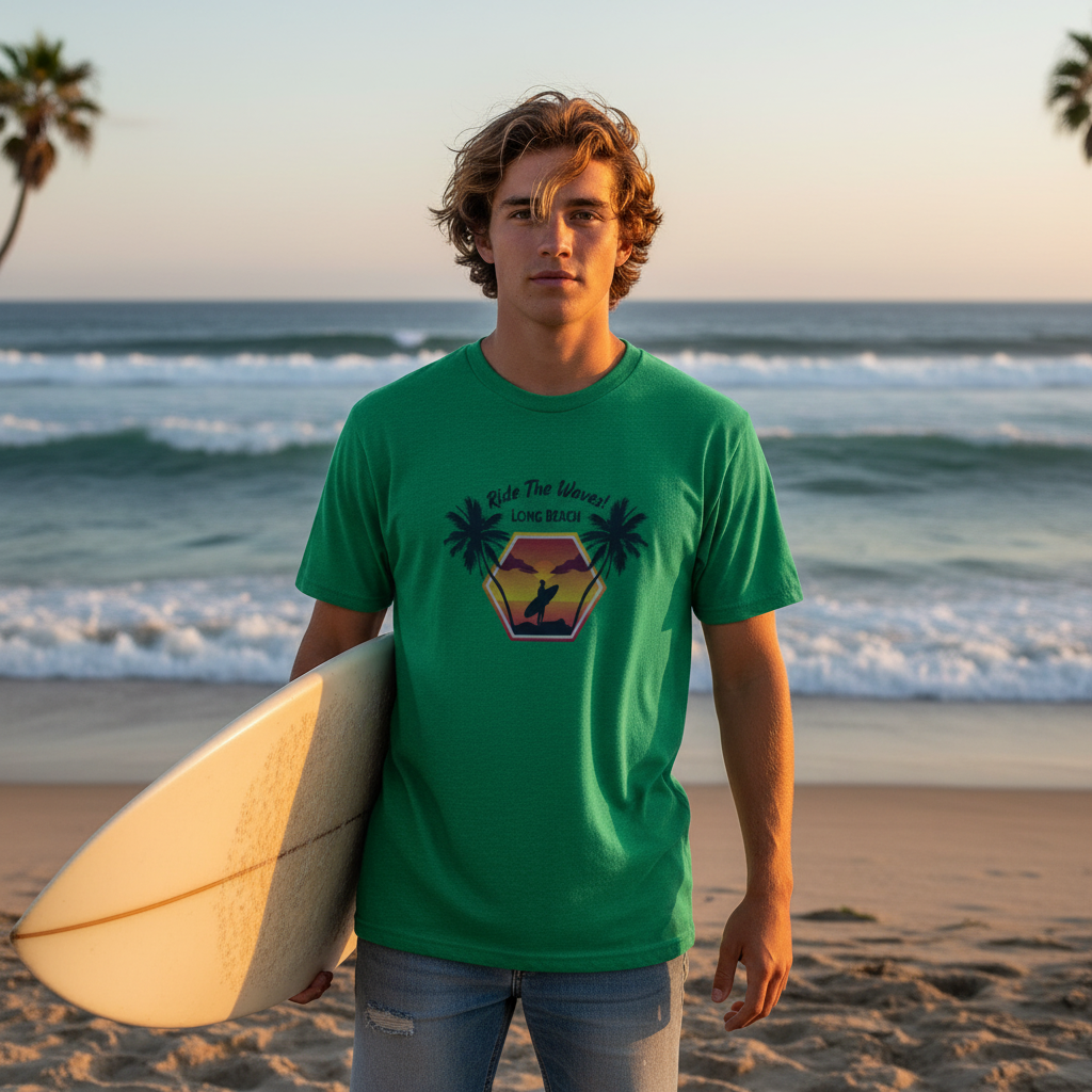 Surfing Sunset Hexagon Graphic Tee With Palm Trees And Rider Silhouette On Long Beach