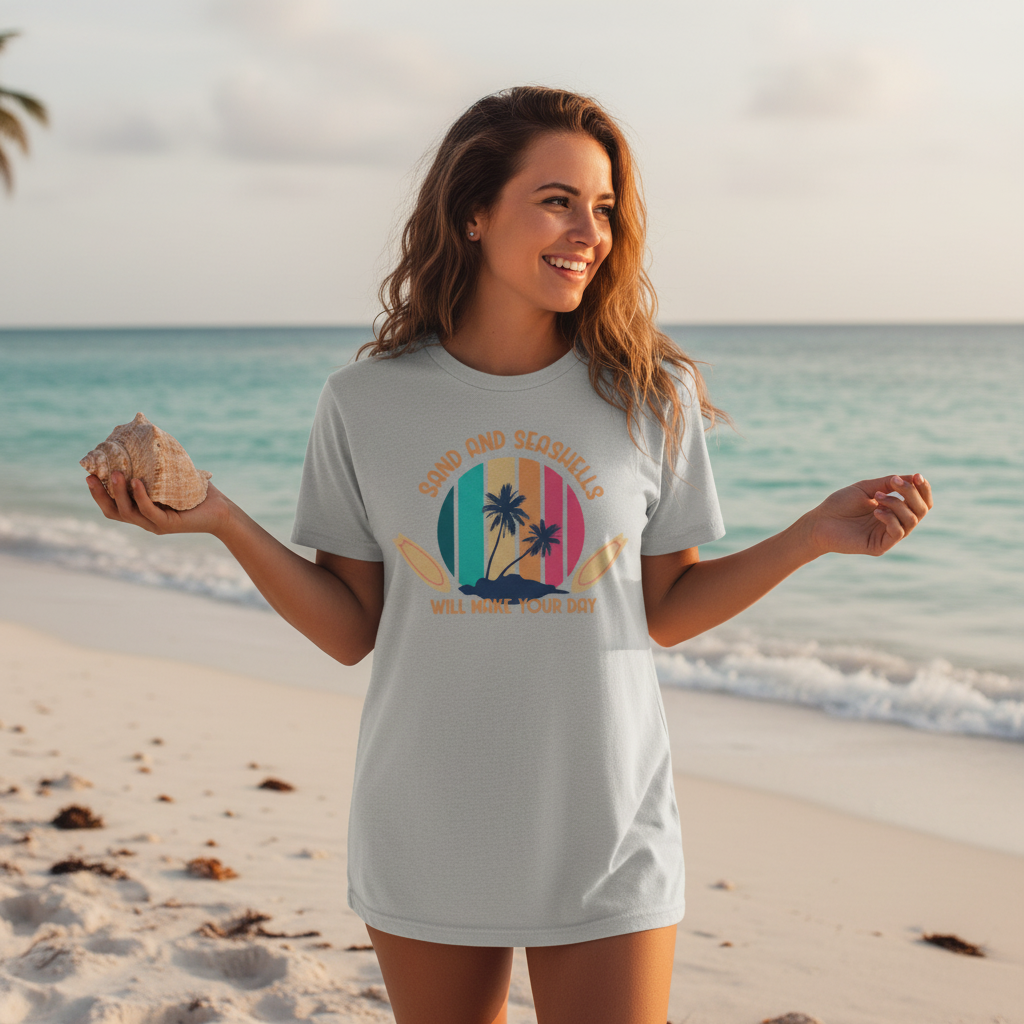 Sand And Seashells Will Make Your Day Palm Trees Beach Graphic Tee For Summer Casual
