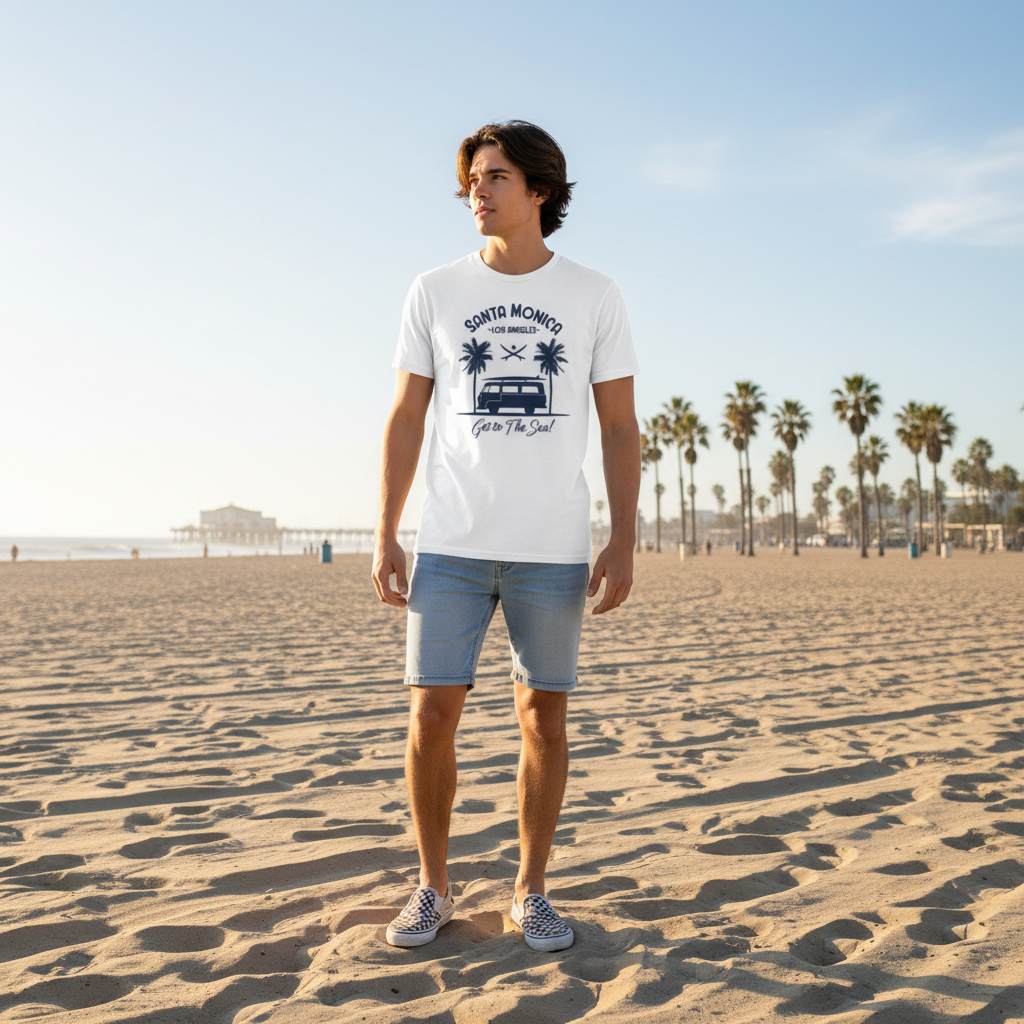 Santa Monica Los Angeles Surfing Graphic Unisex Tee Get To The Sea Design With Palm Trees