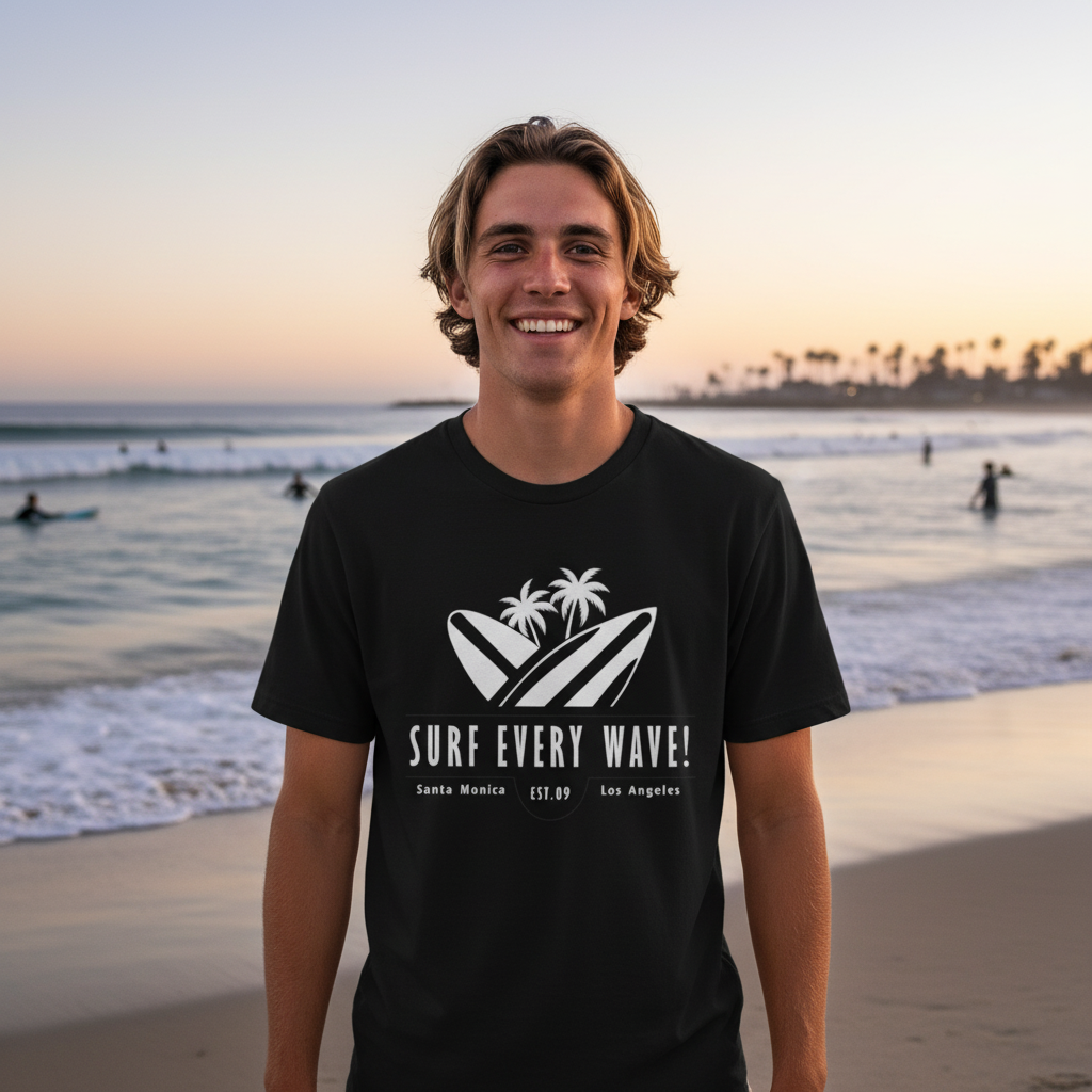Surf Every Wave Graphic Tee With Surfboard And Palm Design