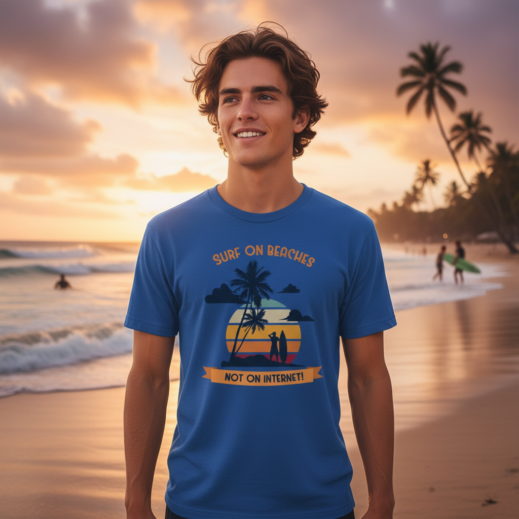 Unisex Surf On Beaches Graphic T Shirt With Sunset Palm Trees And Not On Internet Banner