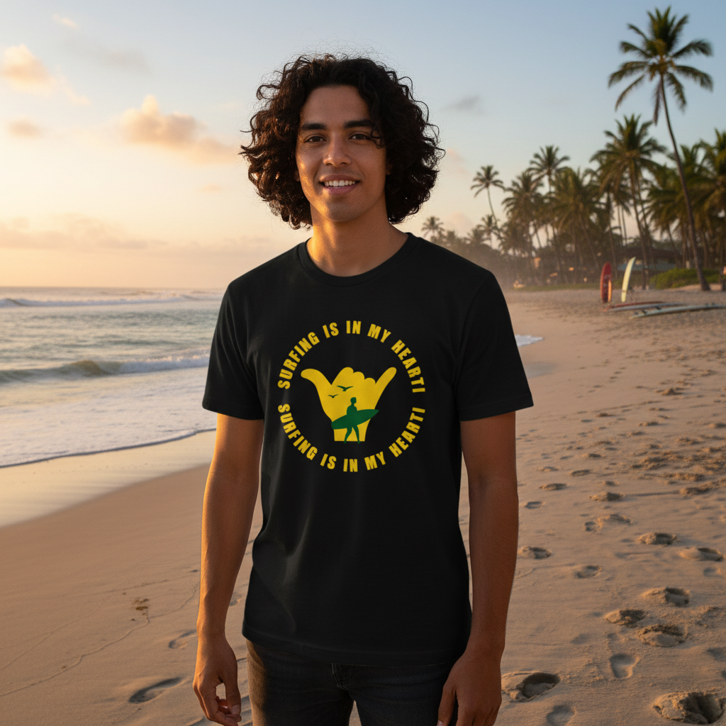 Surfing Is In My Heart Graphic Tee With Yellow Shaka Hand And Surfer Silhouette Design