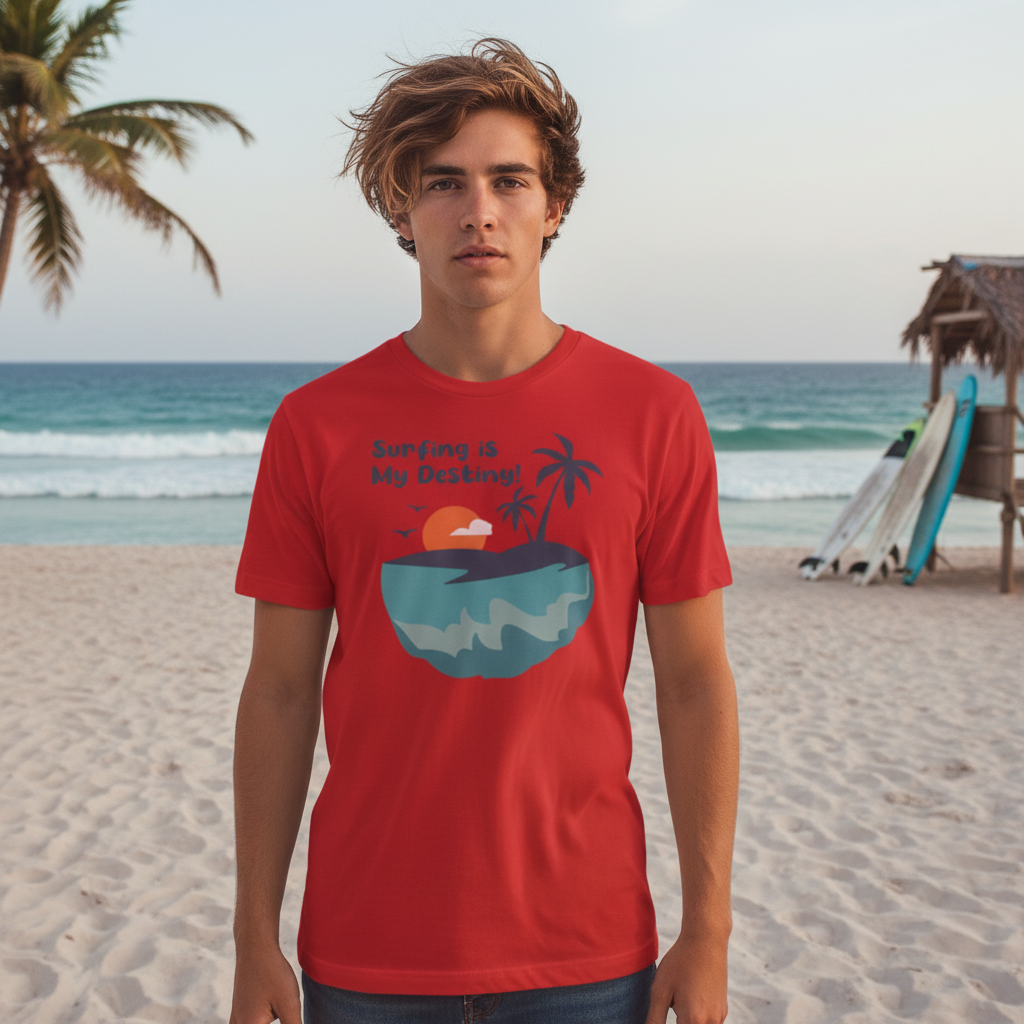 Surfing Is My Destiny Graphic Tee For Unisex Short Sleeve Island Sunset Beach Scene