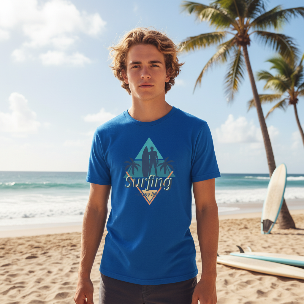 Surfing Graphic Unisex Tee For Men And Women With Surfboard Silhouettes And Palm Trees Beach Design