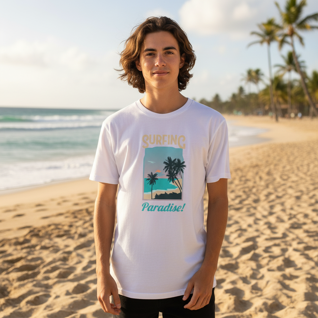 Surfing Paradise Graphic Tee For Men And Women Unisex With Palm Tree Beach Scene Coastal Sunset Ocean Surfer Gift Idea