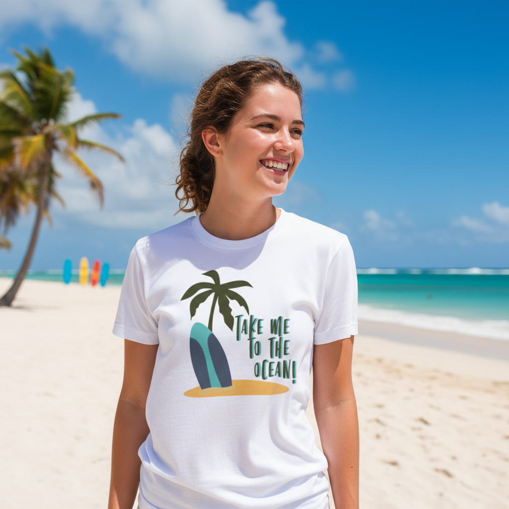 Take Me To The Ocean Surfboard Palm Tree Graphic Unisex Short Sleeve Tee For Beach Lovers
